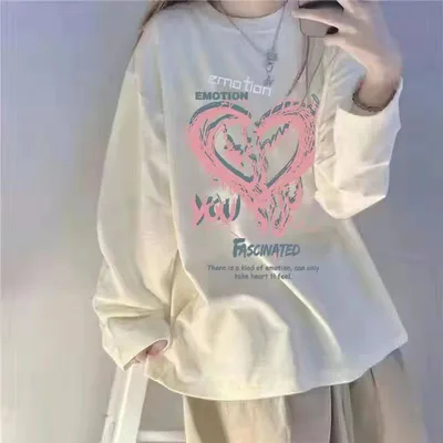 New Personalized Printed Loose And Versatile Long Sleeved T shirt For Women Double Image Love L - Shop at LoveMi