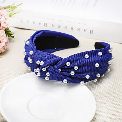 Simple Nail Pearl Knotted Headband Solid Color Royal Blue - Shop at LoveMi
