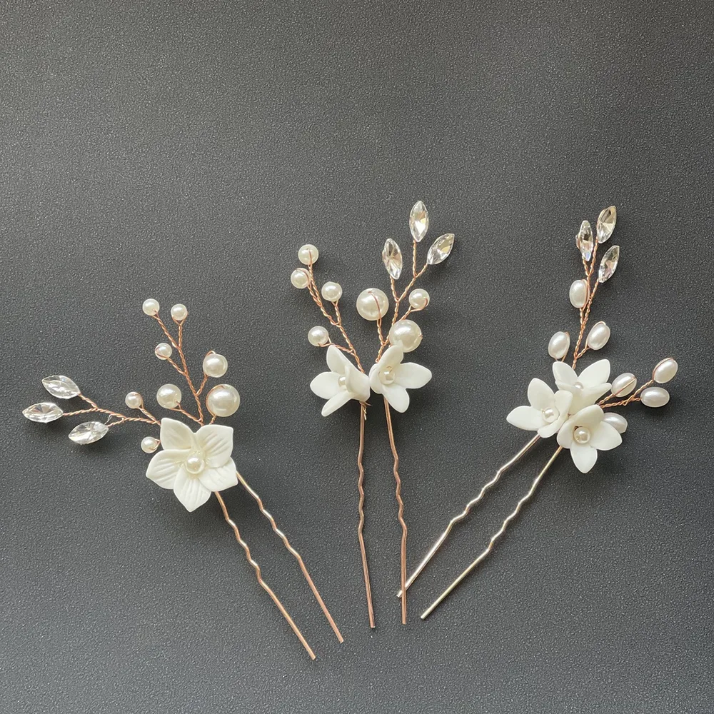 Three Sets Of White Flower U Shaped Hairpins - Rose Gold