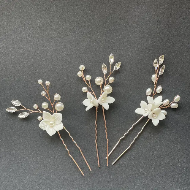 Three Sets Of White Flower U Shaped Hairpins Rose Gold - Shop at LoveMi