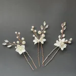 Three Sets Of White Flower U Shaped Hairpins - Rose Gold