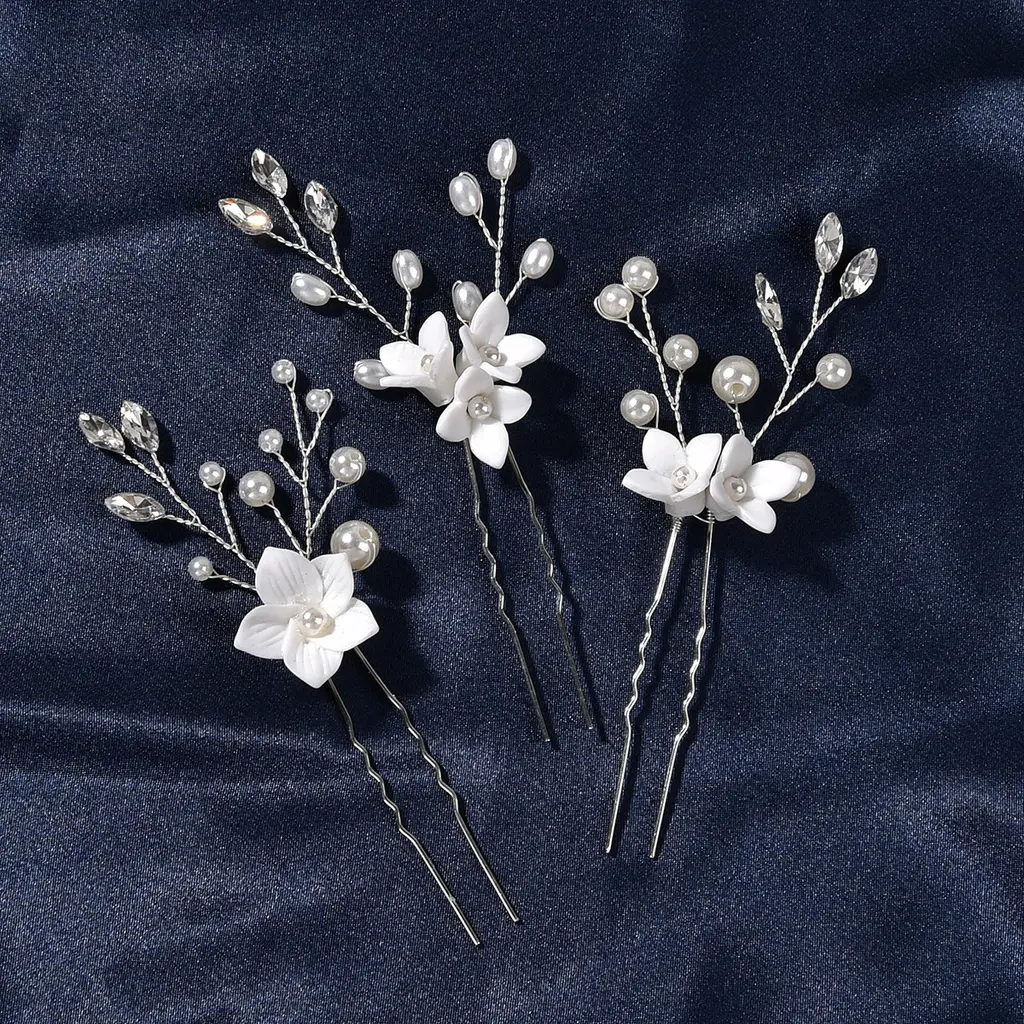 Three Sets Of White Flower U Shaped Hairpins - Silver