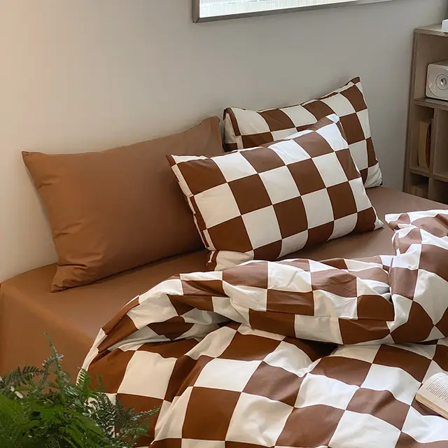 Small Group Retro Spring And Autumn Pure Cotton Bedding Set Coffee Lattice - Shop at LoveMi