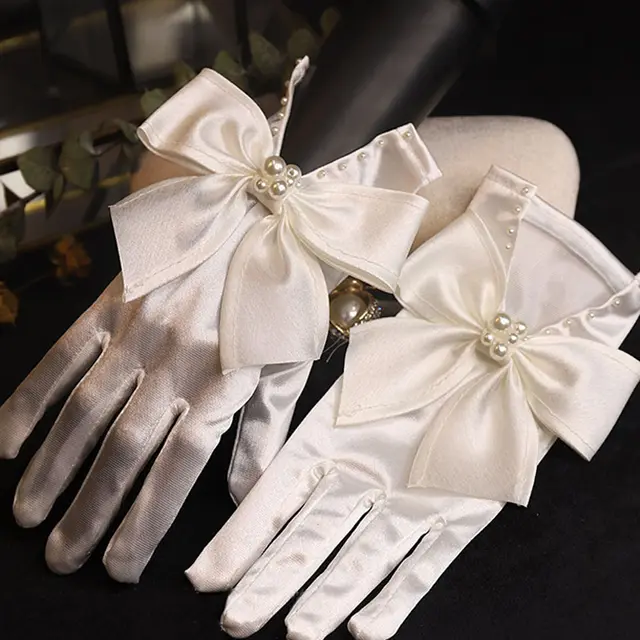 Elegant Pearl Bow Satin Gloves Bridal Beige - Shop at LoveMi