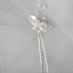 Bridal Ceramic Flower Natural Pearl Hair Fork - Silver