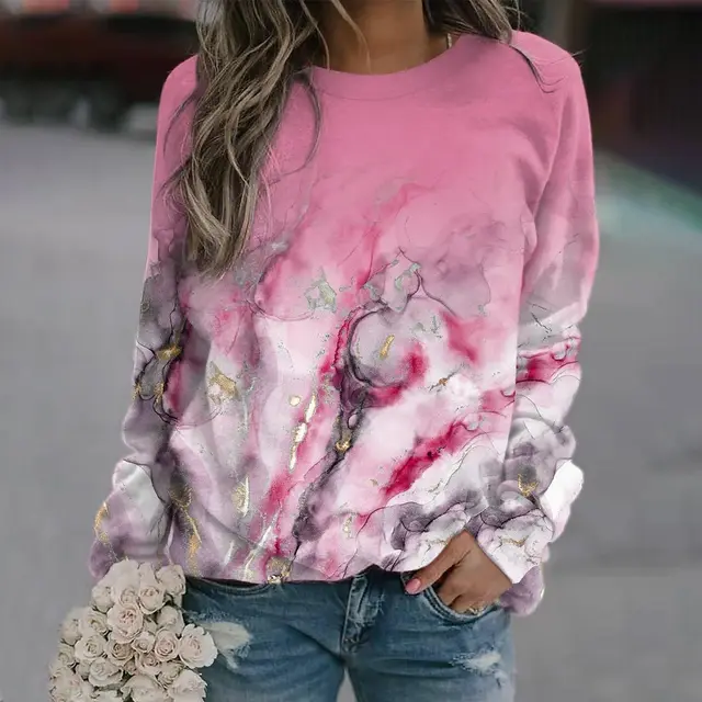 Geometrically Loose Printed Long Sleeved Round Neck Sweater Red - Shop at LoveMi