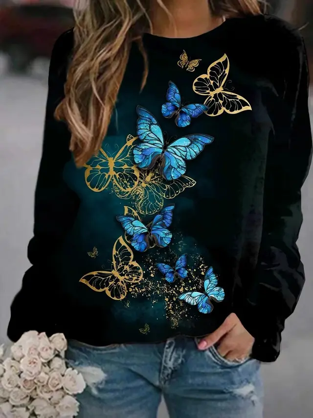 Flower Butterfly Round Neck Sweatshirt Female Ph1M211112T - Shop at LoveMi