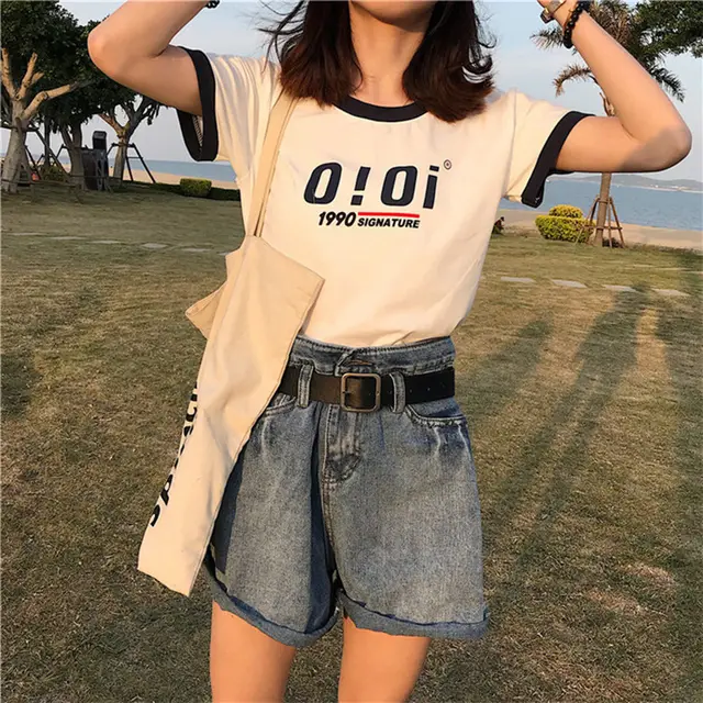 Letter Color Matching Short sleeved T shirt Summer Korean Style Slim fit Student Top White - Shop at LoveMi