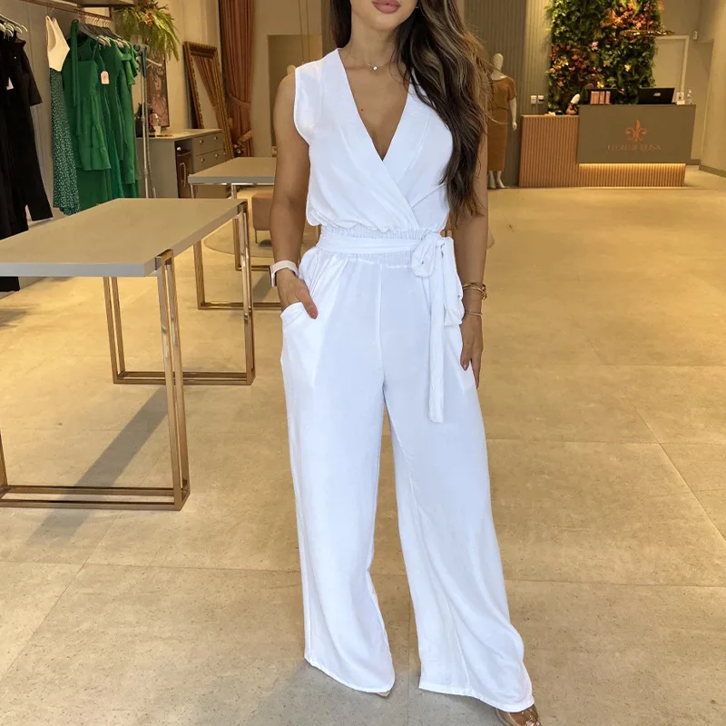 High Waisted Loose Fitting Wide Leg Women's Jumpsuit - White
