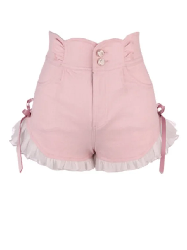 Bow High Waist Denim Shorts For Women Pink - Shop at LoveMi