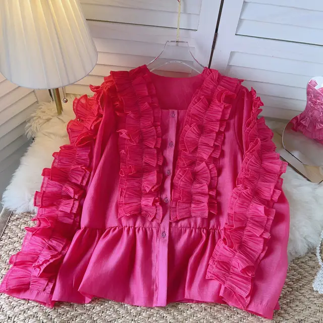 Chic Blouse With Bubble Sleeves For Women Rose Red - Shop at LoveMi