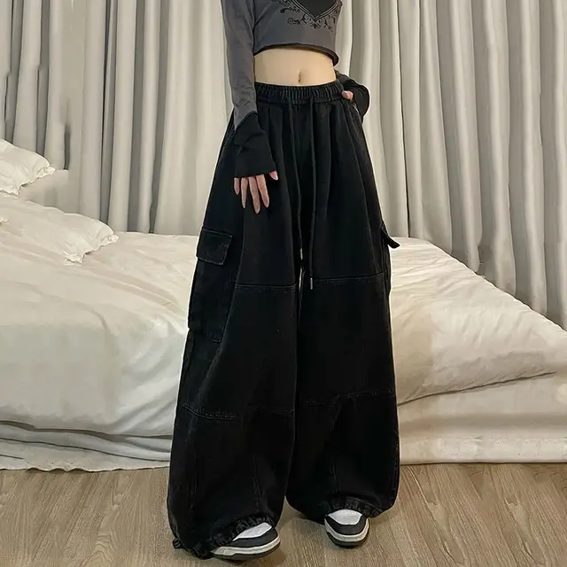 Vintage Cargo Pants Female Autumn Cotton Black - Shop at LoveMi