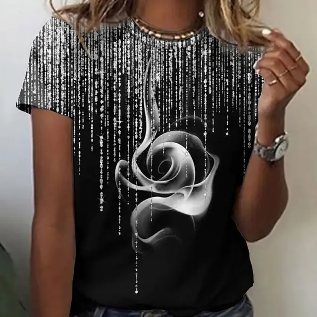 European And American Rose Print Short sleeved Summer Women's T shirt Grey - Shop at LoveMi
