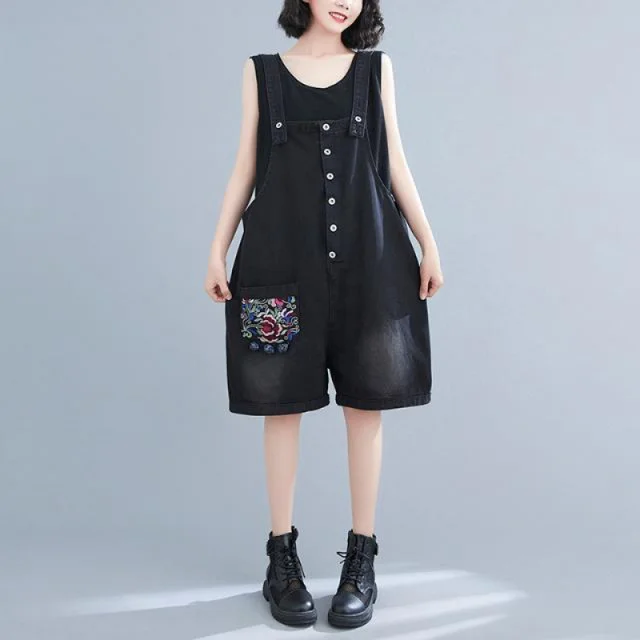 Fat Mm Artistic Style Embroidered Denim Suspenders Black - Shop at LoveMi