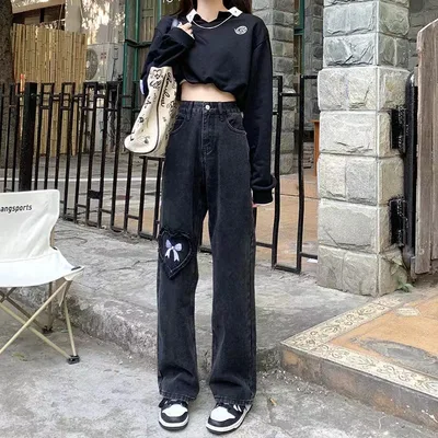 American Colored Embroidered Light Blue Jeans Black - Shop at LoveMi