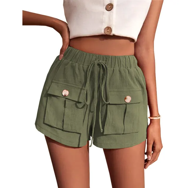 Casual Cargo Shorts With Pocket Loose Drawstring Pants Summer Women Army Green - Shop at LoveMi