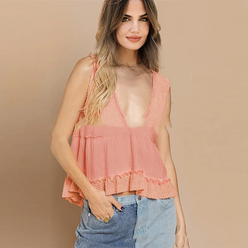 Deep V neck Sleeveless Top Loose Casual Women's Ruffled Stitching Vest Pink - Shop at LoveMi