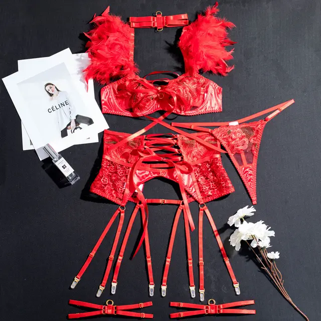 Embroidered Garter Strap Sexy Lingerie Red - Shop at LoveMi
