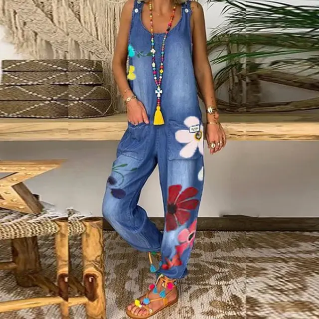 Women's Fashion Minimalist Loose Fitting Casual Printed One Piece Strappy Trousers Blue - Shop at LoveMi