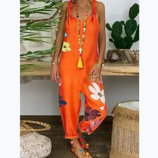 Women's Fashion Minimalist Loose Fitting Casual Printed One Piece Strappy Trousers Orange - Shop at LoveMi