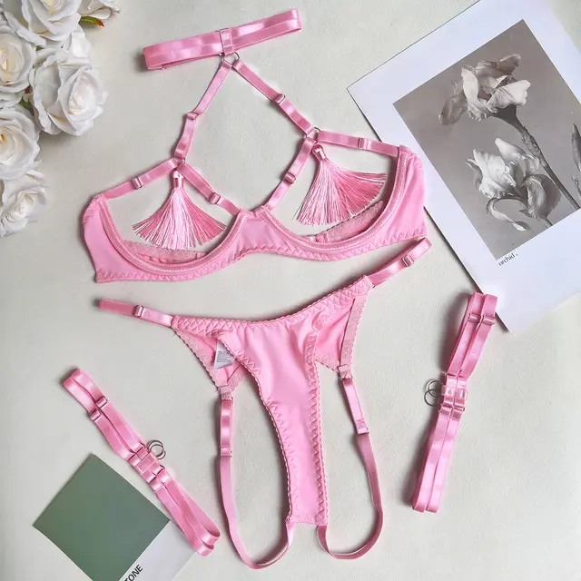 Hollow Out Breast Revealing Tassel Lingerie Set Pink - Shop at LoveMi