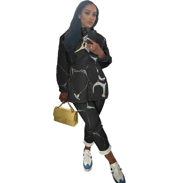 Fashion Casual Printing Shirt Collar Coat Two piece Set Black - Shop at LoveMi