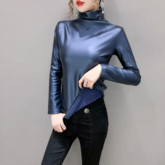 Autumn And Winter Fleece lined Thick Leather Coat Turtleneck Bottoming Shirt For Women Blue - Shop at LoveMi