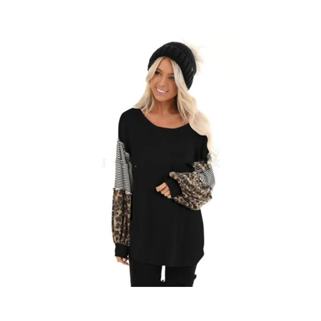 Women's Leopard Print Mixed Color Stripe Round Neck Bubble Long Sleeve T shirt Black - Shop at LoveMi