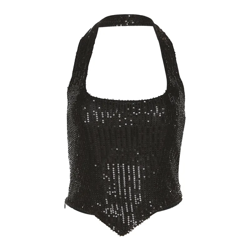 Women's Halter Backless Slim Fit All match Sequined Vest Black - Shop at LoveMi