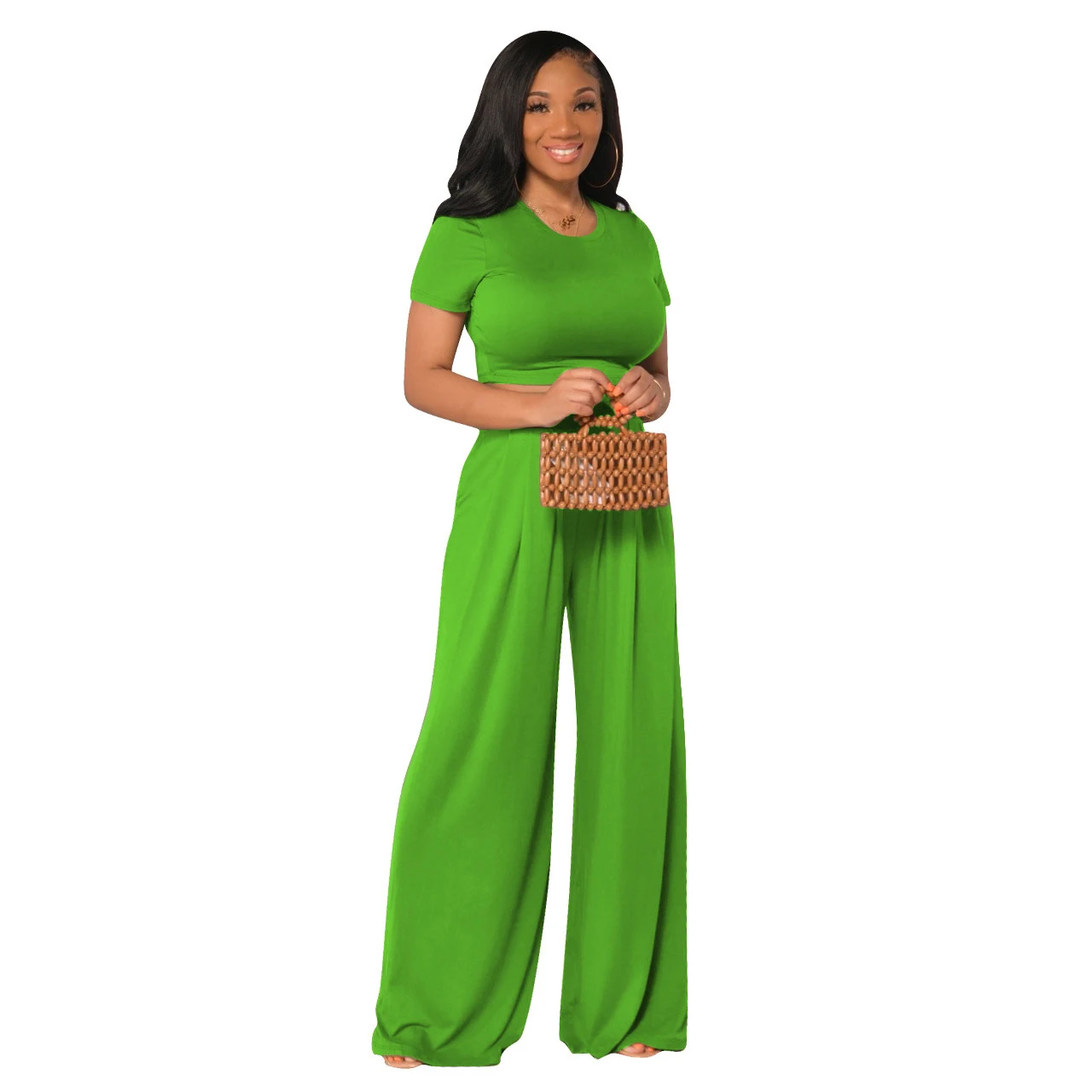 Fashionable Versatile Casual Wide-leg Two-piece Set For Women - Green