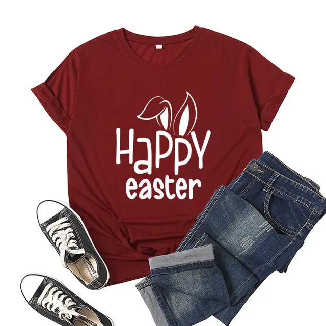 Women's Bunny Happy Easter Print Top Wine Red - Shop at LoveMi