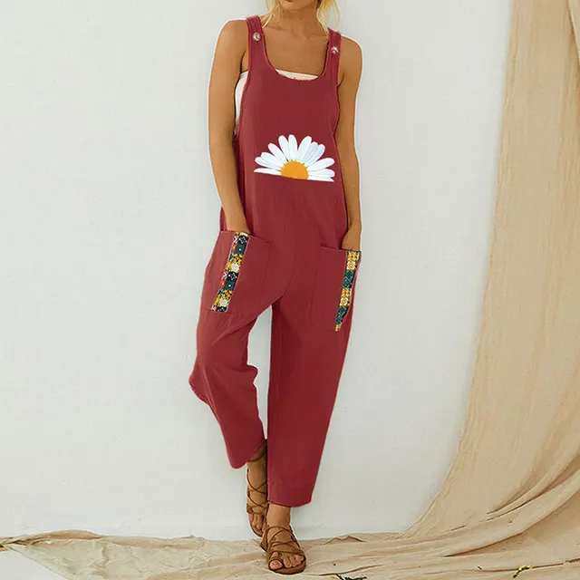 Women's Fashion Print Patchwork Jumpsuit Red - Shop at LoveMi