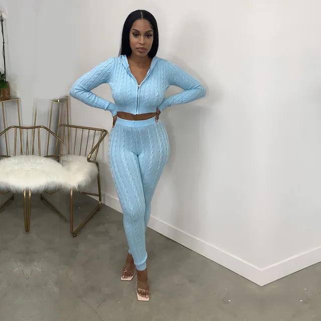Hooded Women's Top Knitted Skinny Pencil Pants Suit Light Blue - Shop at LoveMi