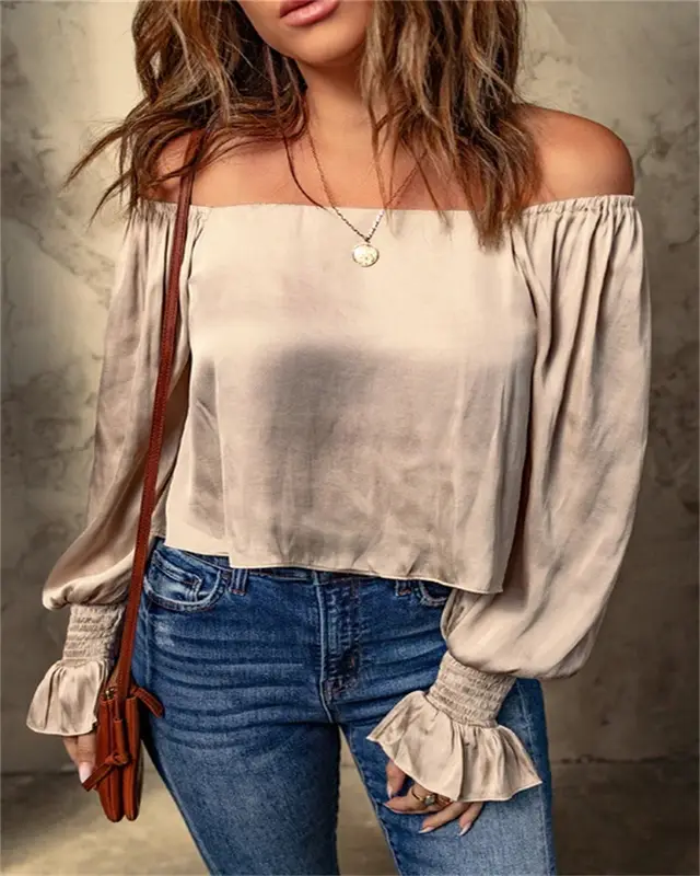 Casual Apricot Off the shoulder Pleating Wrist Long Sleeve Top Khaki - Shop at LoveMi
