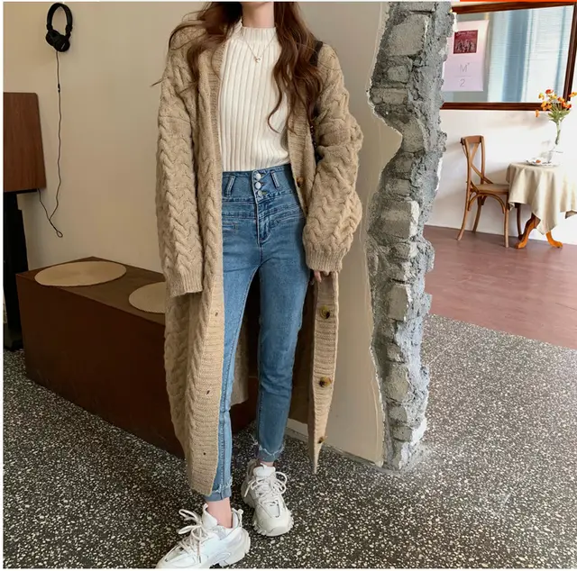 Mid length Sweater Female Baggy Coat Khaki - Shop at LoveMi