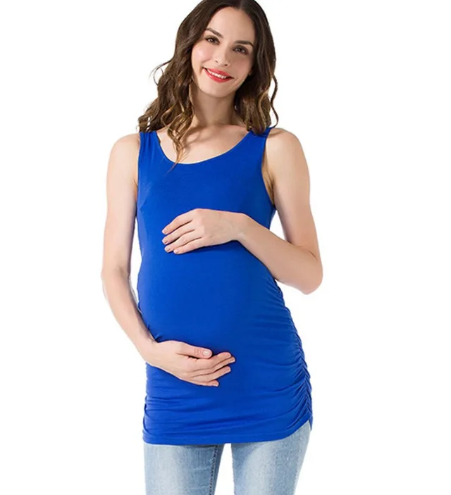Casual Solid Color Round Neck Wrinkle Maternity Top Vest T shirt Blue - Shop at LoveMi