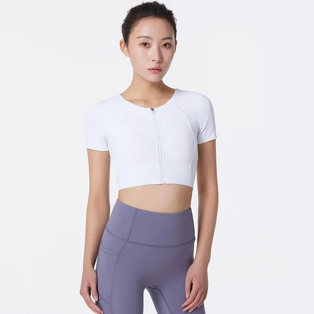 Yoga Clothes Women's Short Sleeve Zipper Breathable Exercise Top White - Shop at LoveMi