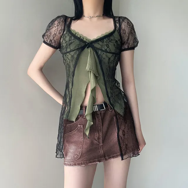 V neck Split Stitching Puff Short Sleeve Top Black - Shop at LoveMi
