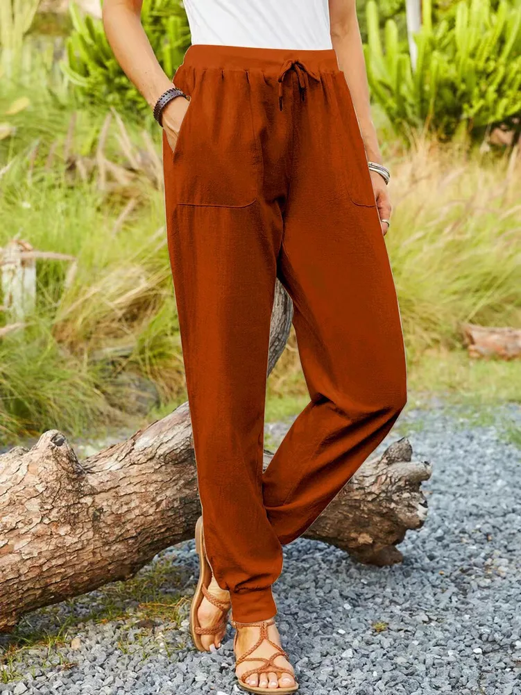 Casual Elastic Cotton And Linen Pants Orange Red - Shop at LoveMi