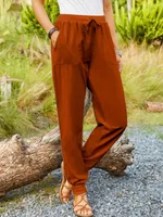 Casual Elastic Cotton And Linen Pants - Orange Red