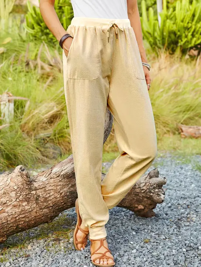 Casual Elastic Cotton And Linen Pants Yellow - Shop at LoveMi