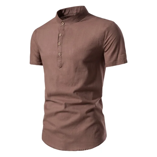 Cotton And Linen Half Open Men's Shirt Coffee - Shop at LoveMi