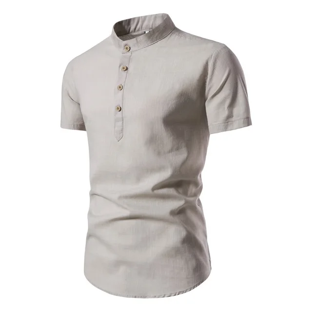 Cotton And Linen Half Open Men's Shirt Grey - Shop at LoveMi