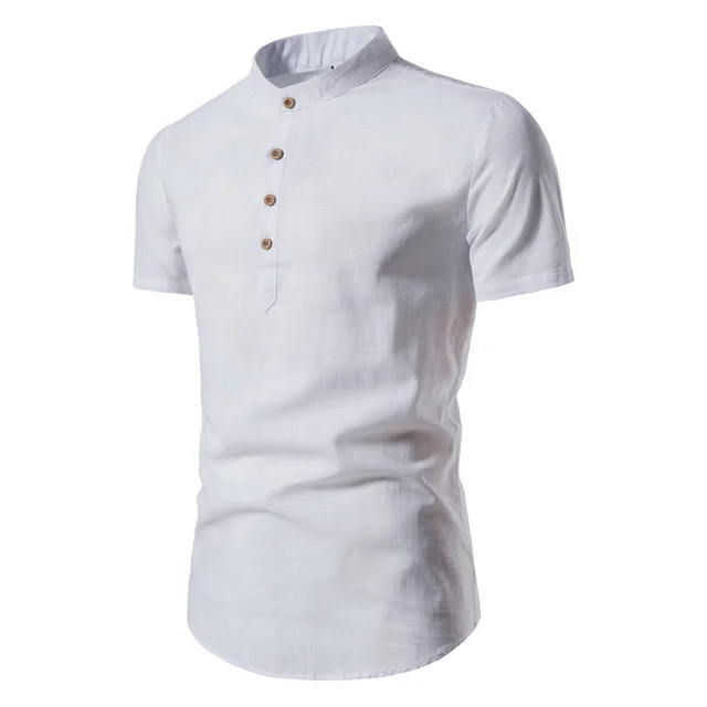 Cotton And Linen Half Open Men's Shirt White - Shop at LoveMi