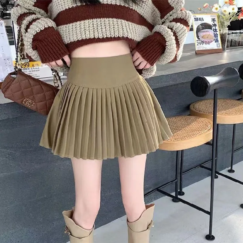 New Preppy Style Lined Four Seasons Pleated Skirt Brown - Shop at LoveMi