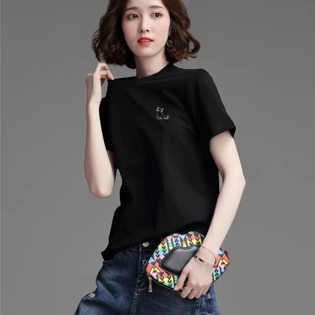 Women's Stylish Loose Round Neck Short Sleeve T shirt Top A50 Black - Shop at LoveMi