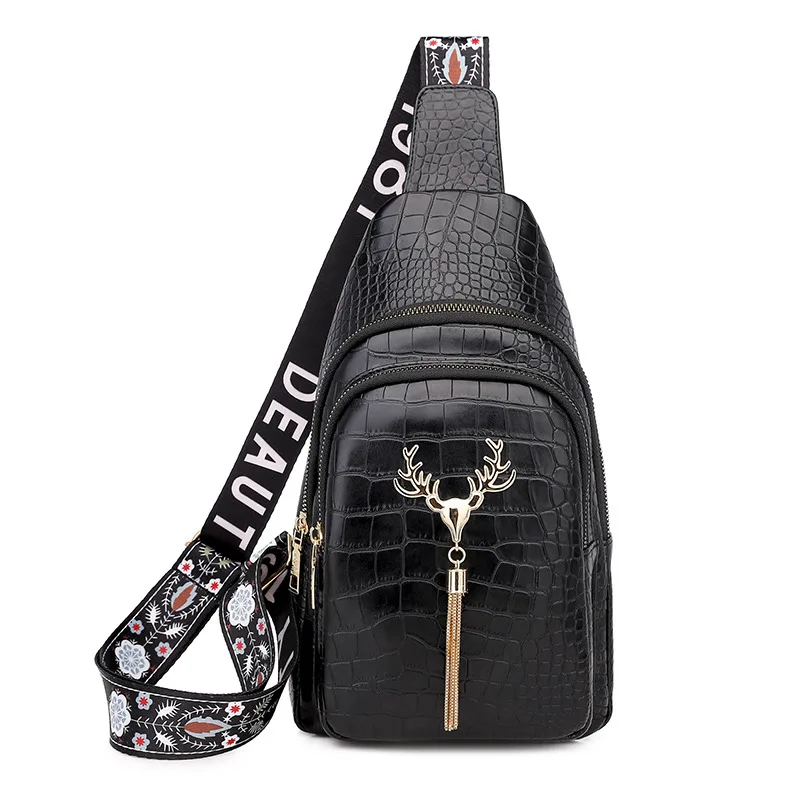 Deer Tassel Design Crossbody Bag Fashion Letter Embroidery Chest Bags For Women Black - Shop at LoveMi