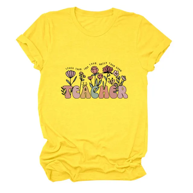 Casual TEACHER Floral Women's Loose Round Neck Short Sleeve Yellow And Black Color Picture - Shop at LoveMi