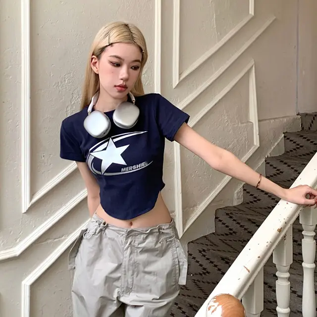 Retro Fun Printing Short sleeved T shirt For Women Purplish Blue - Shop at LoveMi