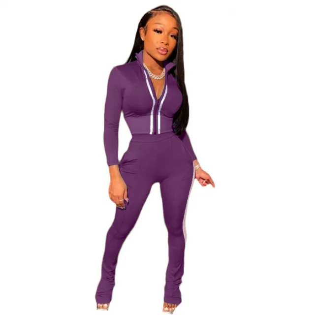 Casual Fashion Women's Wear Pocket Sports Two piece Set Purple Stripe Set - Shop at LoveMi